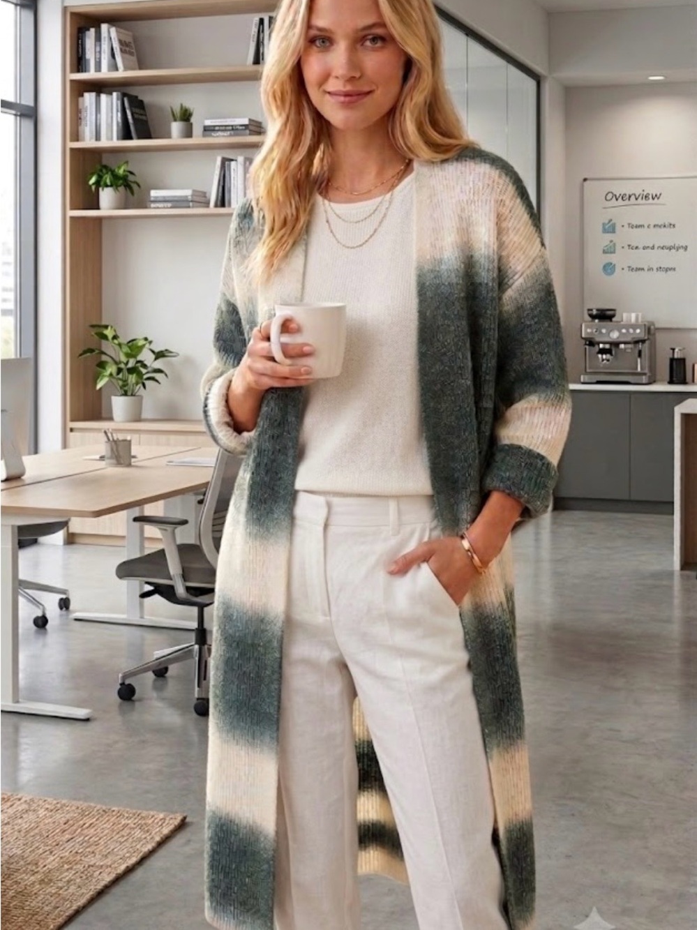 🔴 BCBG Ombre Open-Front Long Cardigan in Cream and Green-S-L